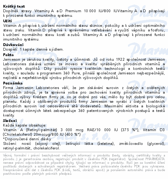JAMIESON Vitamíny A+D 10000/800IU Premium cps.100